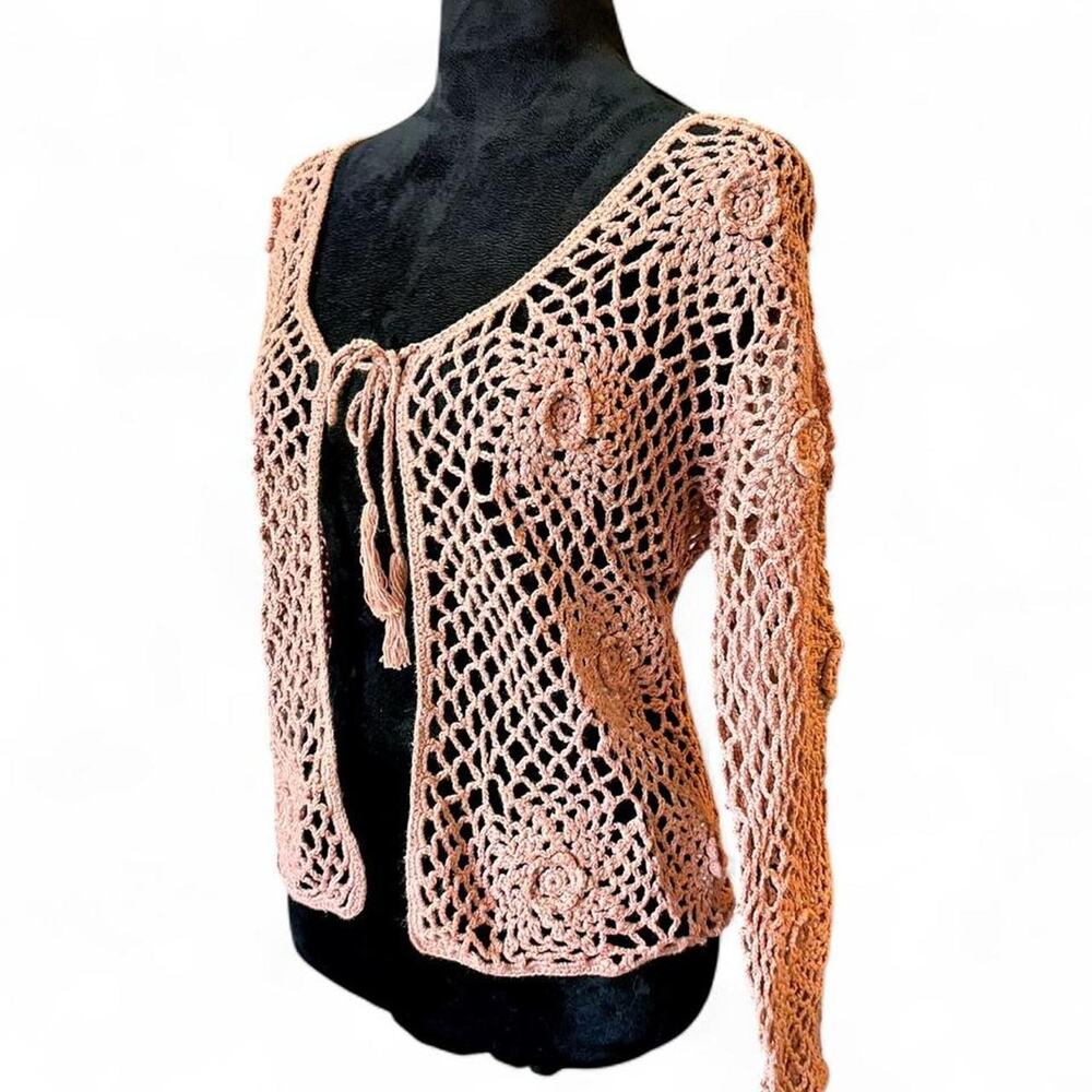 Y2K Newport News Pink Crochet Cardigan – Fairycore Tie Front M